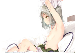 1girl absurdres armpits arms_up bed bed_sheet breasts check_translation clothes_lift collarbone eyelashes flat_chest from_side green_eyes green_hair green_skirt hair_between_eyes highres ke-ta komeiji_koishi loli nipples non-web_source on_bed parted_lips partially_translated pillow profile shirt_lift short_hair short_sleeves simple_background sitting skirt solo touhou translation_request undressing white_background rating:Questionable score:83 user:danbooru