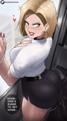  1boy 1girl against_door against_glass android_18 ass black_choker blonde_hair blue_eyes blue_skirt blush breasts bulge buttjob buttjob_over_clothes choker cleavage commentary curvy dragon_ball dragonball_z dry_humping earrings echo_saber english_commentary english_text erection erection_under_clothes heart highres hoop_earrings huge_ass humping jewelry large_breasts lipstick looking_back makeup nail_polish office_lady patreon_username red_lips red_nails shirt short_hair short_sleeves skirt speech_bubble teasing thick_thighs thighs train white_shirt 