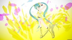  1girl aqua_eyes aqua_hair boots bracelet female_focus gradient_background hatsune_miku headset jewelry knee_boots shorts solo twintails vocaloid yellow_(vocaloid)  rating:General score:3 user:echo