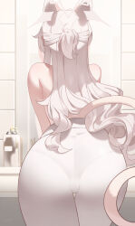 1girl absurdres akira_(blue_archive) animal_ears ass ass_focus bathroom blue_archive cat_ears cat_tail from_behind half_updo halo highres indoors leaning_forward long_hair mirror pants pantylines solo tail thigh_gap tomid topless very_long_hair white_hair white_pants rating:Sensitive score:68 user:danbooru