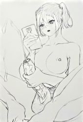  1girl barefoot blush breasts cellphone clothing_aside cum ejaculation foreskin full-package_futanari futanari futanari_masturbation heart heart-shaped_pupils highres knees_apart_feet_together large_penis lineart looking_at_phone masturbation medium_breasts monochrome original panties panties_aside penis phone short_hair sidelocks simple_background sitting sketch smartphone solo striped_clothes striped_panties symbol-shaped_pupils testicles topless twintails uncensored underwear veins veiny_penis victr_(pixiv16675324) white_background  rating:Explicit score:17 user:Zero3K15