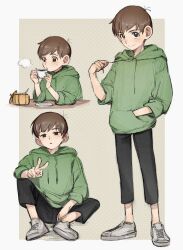  1boy alternate_costume black_pants blush brown_eyes brown_hair chilchuck_tims cup dungeon_meshi green_hoodie grey_footwear hand_in_pocket highres holding holding_cup hood hood_down hoodie kawai_wienerdog male_focus multiple_views pants parted_lips sauce shoes simple_background sitting smile standing sweat v 