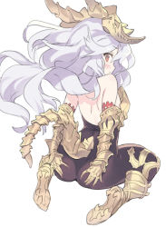 1girl armored_boots ass backless_outfit black_bodysuit blade_(galaxist) blush bodysuit boots from_behind full_body gauntlets granblue_fantasy grey_hair hair_between_eyes hands_on_own_ass knee_boots long_hair looking_at_viewer looking_back medusa_(shingeki_no_bahamut) profile red_eyes shingeki_no_bahamut shoe_soles simple_background sitting solo very_long_hair wariza white_background rating:Sensitive score:33 user:danbooru