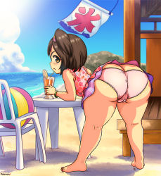 1girl ass ball bare_arms bare_legs bare_shoulders beachball bent_over blue_sky butt_crack cameltoe chair cleft_of_venus cloud cloudy_sky day female_focus flat_chest food fruit glass highres huge_ass idolmaster idolmaster_cinderella_girls legs_apart loli looking_at_viewer looking_back open_mouth outdoors panties pink_panties plump shimetta_masuta shortstack sideways_mouth skirt sky solo straw table thick_thighs thighs underwear wide_hips yanase_miyuki rating:Questionable score:320 user:Domestic_Importer