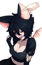 1girl absurdres animal_ears bat_ears bat_girl bat_wings black_gloves black_hair black_nails black_shirt blush bra bra_peek breasts cleavage commentary cross cross_necklace disembodied_hand ear_fondling eargasm elbow_gloves english_commentary fingernails gloves grabbing grabbing_another&#039;s_ear hand_on_another&#039;s_ear highres jewelry large_breasts mekrani midriff mole mole_on_breast mole_under_eye multiple_moles multiple_rings necklace one_eye_closed open_mouth original red_eyes ring shirt simple_background sitting solo teeth uncommon_stimulation underwear upper_teeth_only wings