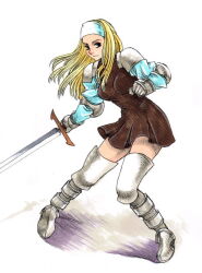  1girl armor armored_boots blonde_hair boots breasts brown_dress brown_eyes dress final_fantasy final_fantasy_tactics full_body gauntlets headband holding holding_sword holding_weapon kikimimi_612 knee_pads long_hair looking_at_viewer miniskirt shadow shoulder_armor simple_background skirt solo squire_(fft) sword weapon 