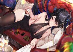 1girl alcohol asymmetrical_horns bare_shoulders black_dress black_hair blue_hair blush breasts card colored_inner_hair couch cup demon_horns dress glass hair_ornament high_heels highres hololive hololive_english horns lacia_everlight large_breasts long_hair looking_at_viewer lying mole mole_under_eye multicolored_hair nerissa_ravencroft on_side patent_heels pumps red_eyes shoes smile solo stiletto_heels two-tone_hair uneven_horns very_long_hair virtual_youtuber  rating:Sensitive score:6 user:danbooru