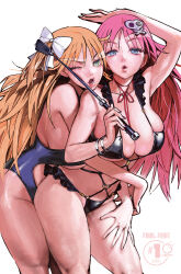  2girls bikini blonde_hair blue_eyes bow breasts conto final_fight green_eyes hair_bow hair_ornament hand_on_another&#039;s_thigh highres holding_riding_crop hug hug_from_behind large_breasts multiple_girls official_art one_eye_closed pink_hair poison_(final_fight) riding_crop roxy_(final_fight) skull_and_crossbones skull_hair_ornament swimsuit thighs udon_entertainment 
