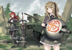  2girls armored_personnel_carrier armored_vehicle assault_lily black_capelet black_footwear black_pantyhose black_ribbon black_skirt blue_background blue_eyes blunt_bangs breasts brown_hair buttons capelet closed_mouth cloud cloudy_sky collared_shirt commentary_request commission cropped_jacket day detached_sleeves floating_hair frilled_skirt frilled_sleeves frills gun hair_between_eyes hair_ribbon hand_on_hilt hands_up heel_up heterochromia high-waist_skirt highres holding holding_gun holding_shield holding_weapon juliet_sleeves kaede_johan_nouvel kuo_shenlin light_particles loafers long_hair long_sleeves looking_ahead medium_breasts military_vehicle miniskirt multiple_girls neck_ribbon one_side_up outdoors pantyhose planted planted_sword planted_weapon puffy_sleeves red_eyes ribbon school_uniform shield shirt shoes sidelocks skeb_commission skirt sky smile standing sueimo sword thank_you tree twitter_username type_89_ifv v-shaped_eyebrows wavy_hair weapon white_shirt yellow_eyes yurigaoka_girls_academy_school_uniform 