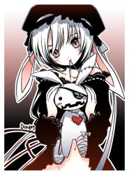  1girl animal_ears bandages blush doll eyepatch gradient_background head_tilt heart lace lace-trimmed_sleeves lace_trim mouth_hold navel needle no_panties outline rabbit rabbit_ears shirahane_nao solo stitches stuffed_animal stuffed_rabbit stuffed_toy toy  rating:Questionable score:6 user:danbooru