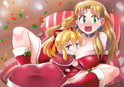  2girls :d belt_collar bent_over blue_collar blush breasts christmas cleavage closed_mouth collar collarbone dress earrings elbow_gloves fur-trimmed_dress fur-trimmed_footwear fur_trim furrowed_brow gloves hair_between_eyes hair_intakes hair_ribbon highres holly hug jewelry kalinka_cossack_(mega_man) large_breasts long_hair looking_at_viewer looking_back mega_man_(classic) mega_man_(series) multiple_girls nose_blush open_mouth pom_pom_(clothes) ponytail red_dress red_footwear red_gloves red_ribbon ribbon robojanai roll_(mega_man) santa_dress short_dress short_hair sidelocks smile split_mouth 