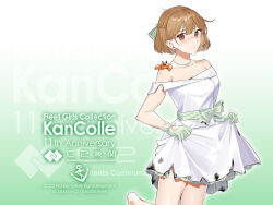  1girl anchor_symbol anniversary bandaid bandaid_on_face barefoot braid brown_eyes burnt_clothes commentary_request copyright_name cowboy_shot crab crab_on_shoulder dress drew_(drew213g) french_braid gloves green_gloves half_updo highres kantai_collection light_brown_hair looking_at_viewer oboro_(kancolle) off-shoulder_dress off_shoulder official_alternate_costume official_art second-party_source short_hair solo standing standing_on_one_leg white_dress 