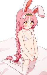 1girl :o animal_ears bare_arms bare_shoulders bed_sheet bikini black_hairband blush braid brown_eyes flower full_body hair_flower hair_ornament hairband highres kemonomimi_mode kneeling loli long_hair low_twintails lowleg lowleg_bikini mimi_(princess_connect!) navel no_shoes own_hands_together parted_bangs parted_lips pink_hair princess_connect! rabbit_ears rabbit_hair_ornament setmen side-tie_bikini_bottom simple_background soles solo swimsuit thighhighs twin_braids twintails very_long_hair white_background white_bikini white_flower white_thighhighs rating:Sensitive score:72 user:danbooru