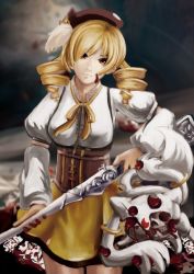 10s 1girl beret blonde_hair blood blood_on_face brown_eyes bullet_hole corset detached_sleeves drill_hair faux_traditional_media gun guro hat kyubey magical_girl mahou_shoujo_madoka_magica mahou_shoujo_madoka_magica_(anime) no_gloves painting_(medium) rifle skull speed_painting tomoe_mami traditional_media twin_drills twintails watercolor_(medium) weapon xiaoli rating:Sensitive score:7 user:danbooru