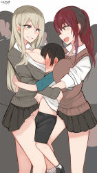  1boy 2girls age_difference black_hair blonde_hair blue_eyes breast_press breast_smother breasts brown_eyes brown_hair cleavage face_to_breasts femdom girl_sandwich gyaru highres huge_breasts large_breasts long_hair multiple_girls open_mouth sandwiched shota smile yuzuki_himuka  rating:Questionable score:195 user:Garuldo