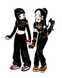 2girls :o black_gloves black_hair black_hat black_pants black_shirt cargo_pants elbow_gloves fingerless_gloves gloves hair_behind_ear hanni_(newjeans) hat highres hyein_(newjeans) iwashi_iwashimo k-pop looking_to_the_side midriff multiple_girls navel newjeans open_mouth orange_footwear pants ponytail real_life red_gloves shirt shoes simple_background sneakers white_background white_footwear 