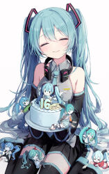  1girl absurdres armpit_crease bad_end_night_(vocaloid) bare_shoulders birthday_cake black_footwear black_skirt blue_hair blue_necktie blush boots cake character_doll closed_eyes closed_mouth collarbone collared_shirt facing_viewer food fusuma_(ramunezake) grey_shirt hair_between_eyes hair_ornament hatsune_miku hatsune_miku_happy_16th_birthday_-dear_creators- head_tilt headphones headphones_around_neck highres holding holding_tray long_hair matryoshka_(vocaloid) miniskirt necktie odds_&amp;_ends_(vocaloid) pleated_skirt poppippoo_(vocaloid) shinkai_shoujo_(vocaloid) shirt simple_background sitting skirt sleeveless sleeveless_shirt smile solo thigh_boots thighhighs tray twintails ura-omote_lovers_(vocaloid) very_long_hair vocaloid wariza white_background world_is_mine_(vocaloid) zettai_ryouiki 