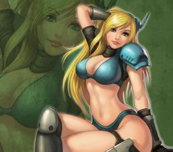  1girl blonde_hair breasts cleavage contra contra_4 contra_hard_corps large_breasts long_hair looking_at_viewer midriff official_art sheena_etranzi smile solo zoom_layer 