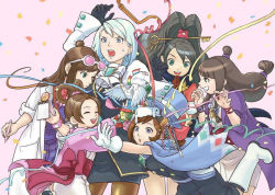 &gt;:) 6+girls :o ^_^ ace_attorney ace_attorney_investigations alternate_eye_color alternate_hair_color animal animal_on_head annoyed apollo_justice:_ace_attorney ascot asymmetrical_hair bag beads bird black_gloves black_hair black_socks blue_hair blunt_bangs boots bow bowtie brown_hair brown_legwear buttons capcom cape child closed_eyes confetti cousins dove dress earrings ema_skye eyewear_on_head fanny_pack flower flying formal franziska_von_karma frown glasses gloves green_eyes grey_eyes grin hair_beads hair_ornament hair_rings half_updo hat height_difference high_ponytail hug japanese_clothes jewelry kay_faraday key kimono knee_boots kneehighs lab_coat leaning_forward long_hair long_sleeves magatama magician maya_fey mechanical_pencil messenger_bag miniskirt mole mole_under_eye multiple_girls necklace notepad official_art on_head one_eye_closed open_mouth own_hands_together pantyhose pearl_fey pencil pink_background pleated_skirt ponytail puffy_sleeves purple_eyes rabbit ribbon sash scarf school_uniform short_hair short_kimono shoulder_bag skirt sleeves_rolled_up smile socks standing standing_on_one_leg streamers suit surprised sweat swept_bangs teeth time_paradox top_hat topknot tripping trucy_wright v-shaped_eyebrows wand watch whip white_footwear white_gloves wide_sleeves wings wink wristwatch rating:Sensitive score:18 user:danbooru