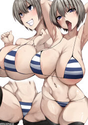  1girl absurdres armpits arms_up bikini blue_eyes blush breasts cleavage curvy highres huge_breasts looking_at_viewer multiple_views saliva short_hair sweat swimsuit thick_thighs thighs tomodachi_(tomofanart) tongue tongue_out uzaki-chan_wa_asobitai! uzaki_hana white_hair  rating:Questionable score:40 user:Sumble