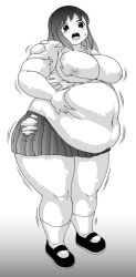  1girl belly belly_grab breasts breasts_out fat full_body greyscale large_breasts long_image monochrome nipples open_mouth school_uniform solo standing tall_image thick_thighs thighs torn_clothes worried  rating:Questionable score:38 user:danbooru