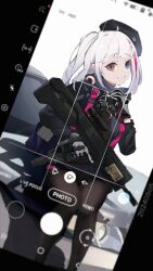  1girl :&gt; absurdres assault_rifle beret black_gloves black_pantyhose black_skirt blue_eyes bullpup car commentary desert_tech_mdr english_commentary girls&#039;_frontline gloves grey_gloves gun hat heterochromia highres holding holding_gun holding_weapon huali_(shouxing2013) long_hair looking_at_viewer mdr_(girls&#039;_frontline) motor_vehicle multicolored_hair one_side_up pantyhose pink_hair pleated_skirt red_eyes rifle scope sitting skirt smile solo streaked_hair trigger_discipline two-tone_gloves user_interface viewfinder weapon white_hair 