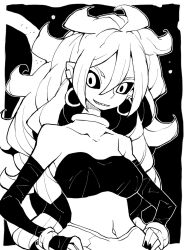  1girl android_21 black_sclera colored_sclera dowman_sayman dragon_ball dragon_ball_fighterz earrings grin hoop_earrings jewelry long_hair majin_android_21 monochrome smile tail  rating:Sensitive score:1 user:Xalrun