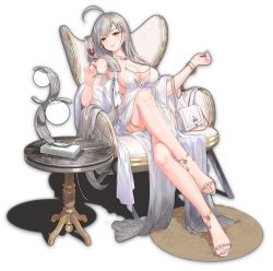  1girl ahoge bracelet breasts chair cleavage closed_mouth cocktail_glass cup dress drinking_glass earrings full_body grey_hair jewelry kitami_sawako large_breasts long_hair looking_at_viewer mahjong_soul marble_(stone) official_art pelvic_curtain red_wine revealing_clothes sitting smile solo tachi-e transparent_background wine wine_glass yellow_eyes yostar  rating:Sensitive score:18 user:danbooru