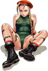  1girl ass beret blonde_hair blue_eyes boots braid breasts cammy_white capcom full_body gloves hat highres leotard long_hair medium_breasts scar solo spread_legs street_fighter transparent_background ug_(ugg)  rating:Questionable score:38 user:danbooru