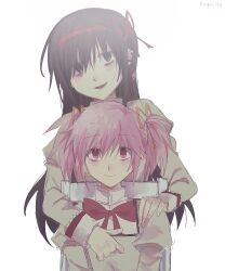  2girls akemi_homura axy_cang bags_under_eyes black_hair chair closed_mouth crazy_eyes empty_eyes fading hair_ribbon hairband head_tilt highres kaname_madoka looking_at_viewer mahou_shoujo_madoka_magica mahou_shoujo_madoka_magica_(anime) mitakihara_school_uniform multiple_girls on_chair open_mouth pink_hair red_hairband ribbon school_uniform short_twintails signature simple_background sitting smile twintails upper_body white_background yellow_ribbon 