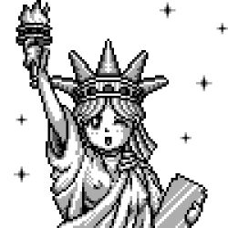1girl america_oudan_ultra_quiz america_oudan_ultra_quiz_3 blush breasts collarbone crown holding long_hair looking_at_viewer monochrome nipples one_breast_out one_eye_closed open_mouth pixel_art robe saiwai_hiroshi short_sleeves small_breasts smile sparkle standing statue_of_liberty torch wink rating:Questionable score:24 user:cpee
