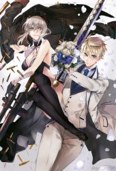  1boy 1girl arthur_pendragon_(fate) artoria_pendragon_(all) artoria_pendragon_(alter_swimsuit_rider)_(third_ascension)_(fate) artoria_pendragon_(fate) bare_shoulders blonde_hair breasts cleavage cowboy_shot fate/grand_order fate_(series) flower formal full_body gloves gun hair_between_eyes highres holding holding_gun holding_sword holding_weapon large_breasts looking_at_viewer pvc_parfait rifle saber_alter sleeveless sniper_rifle suit sword thighhighs weapon white_suit yellow_eyes 