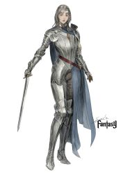  1girl absurdres amor armor belt blue_cape cape chainmail couter cuirass cuisses faulds full_body gauntlets greaves grey_eyes grey_hair highres holding holding_sword holding_weapon lips looking_at_viewer medium_hair mole mole_under_mouth original parted_bangs pauldrons plate_armor poleyn rerebrace roundel sabaton scabbard sheath shoulder_armor signature simple_background solo sonech standing sword unsheathed vambraces weapon white_background 