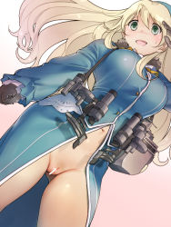 1girl arm_at_side asu_(chanta30245) atago_(kancolle) bar_censor beret black_gloves blonde_hair blue_hat blush breasts censored clenched_hand dutch_angle female_pubic_hair fur_collar gloves gluteal_fold hair_between_eyes hat kantai_collection large_breasts long_hair long_sleeves machinery navel no_panties pubic_hair pussy solo standing sweatdrop very_long_hair rating:Explicit score:15 user:danbooru
