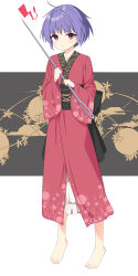  1girl absurdres annoyed antenna_hair aqoot back_bow barefoot black_bow bow closed_mouth commentary_request egasumi feet full_body grey_background highres holding holding_needle japanese_clothes kimono leaf_print letterboxed long_sleeves needle needle_sword obi outside_border print_kimono purple_hair red_eyes red_kimono sash short_hair solo standing sukuna_shinmyoumaru toes touhou v-shaped_eyebrows wide_sleeves 