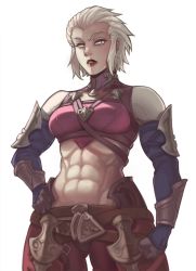 1girl abs armor bloopiest brown_gloves clenched_hand final_fantasy final_fantasy_xiv gloves grey_hair hair_slicked_back hand_on_own_hip highres merlwyb_bloefhiswyn muscular muscular_female navel parted_lips red_lips roegadyn short_hair simple_background slit_pupils solo turtleneck white_background yellow_eyes  rating:Sensitive score:61 user:danbooru