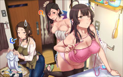3girls ^^^ ahoge apron black_hair black_legwear blunt_bangs blush breast_hold breasts brown_eyes brown_hair brushing_teeth cellphone cleavage collarbone covered_erect_nipples covering_privates embarrassed eyebrows highres kezune_(i-_-i) kneeling large_breasts laundry long_hair mother_and_daughter multiple_girls naked_towel nude_cover one_eye_closed open_mouth original panties phone siblings sisters sitting smartphone sweatdrop thighhighs toothbrush towel underwear rating:Questionable score:56 user:Nao
