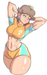  1girl absurdres arms_behind_head arms_up blue_eyes breasts brown_hair gage_199x highres large_breasts mario_(series) midriff navel nintendo princess_daisy short_hair shorts solo super_mario_strikers thick_thighs thighs toned  rating:Sensitive score:51 user:spk