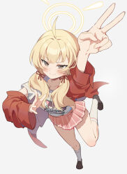  1girl ahoge black_footwear blonde_hair blue_archive blush closed_mouth full_body grey_background halo highres hoshiko_(419401x) jacket long_hair long_sleeves low_twintails official_alternate_costume open_clothes open_jacket pink_skirt pleated_skirt red_jacket shirt shoes simple_background skirt smile socks solo split_mouth twintails white_shirt white_socks yellow_eyes yellow_halo yoshimi_(band)_(blue_archive) yoshimi_(blue_archive)  rating:General score:3 user:danbooru