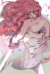  1girl dress drill_hair highres holding holding_sword holding_weapon long_hair looking_at_viewer newponold petals pink_hair rose_quartz_universe shadow simple_background solo steven_universe sword weapon white_background white_dress 
