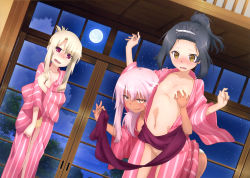  3girls artbook assisted_exposure black_hair blonde_hair blush breasts chloe_von_einzbern fate/kaleid_liner_prisma_illya fate_(series) flat_chest folded_hair grabbing grabbing_another&#039;s_breast groping highres illyasviel_von_einzbern indoors japanese_clothes kimono loli miyu_edelfelt moon multiple_girls navel no_panties nude official_art pink_hair red_eyes sash scan silver_link tongue tongue_out type-moon underwear yuri  rating:Questionable score:16 user:luccior