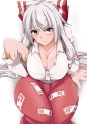  1girl blush bow breasts cleavage eyelashes female_focus from_above fujiwara_no_mokou hair_bow hair_ribbon highres hip_focus large_breasts long_hair matsura_(nagatosan) pants red_eyes ribbon simple_background solo suspenders suspenders_pull thick_thighs thighs touhou very_long_hair white_hair wide_hips 