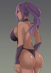  1girl ass back backless_outfit bare_back bare_shoulders black_choker black_leotard bleach blood_hood breasts choker curvy dark-skinned_female dark_skin from_behind gradient_background highres hip_focus huge_ass large_breasts leotard looking_away ponytail purple_hair shihouin_yoruichi shiny_skin solo thong thong_leotard wide_hips yellow_eyes  rating:Questionable score:89 user:danbooru