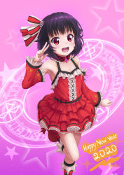  1girl 2020 absurdres armpits black_hair blush bow breasts center_frills cleavage detached_collar detached_sleeves dress frills hair_bow happy_new_year heart heart_print highres magic_circle magical_girl nengajou new_year open_mouth original red_dress red_eyes rere_(rere_tim) short_dress short_hair shoulder_strap small_breasts solo standing standing_on_one_leg star_(symbol) teeth underskirt upper_teeth_only 