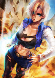 1girl abs absurdres android_18 belt black_bra black_pantyhose blonde_hair blue_eyes boots bra breasts cleavage commentary commission day denim denim_skirt denim_vest dragon_ball dragonball_z english_commentary eyelashes eyeshadow hair_over_one_eye highres knee_boots large_breasts lips looking_at_viewer makeup midriff miniskirt monori_rogue navel outdoors pantyhose serious shirt short_hair skirt solo torn_clothes torn_pantyhose torn_shirt underwear vest rating:Questionable score:35 user:danbooru