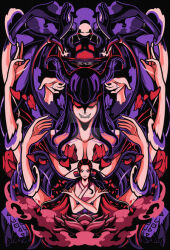  1girl blunt_bangs commentary crossed_arms demon_girl devil_child disembodied_hand english_commentary evil_smile extra_arms fangs francisryanperez hair_ribbon hana_hana_no_mi horns japanese_clothes kimono long_hair looking_at_viewer nico_robin one_piece ponytail red_eyes red_ribbon ribbon sidelocks sleeveless sleeveless_kimono smile smoke upper_body wings 