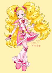  1girl absurdres big_hair blonde_hair boots bow chest_bow detached_sleeves dress earrings frilled_boots frilled_dress frills full_body futari_wa_precure futari_wa_precure_max_heart heart heart_earrings highres jewelry kisumi_rei kujou_hikari long_hair magical_girl pink_dress pink_footwear pouch precure shiny_luminous signature solo twintails yellow_background yellow_eyes 