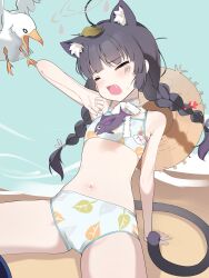 1girl absurdres ahoge animal_ear_fluff animal_ears arm_support bikini bird blue_archive blush braid brown_hat cat_ears cat_girl cat_tail closed_eyes commentary coral fish flat_chest grey_halo hair_ribbon halo hand_up hat hat_on_back highres kemonomimi_mode leaf leaf_on_head leaf_print long_hair miyu_(blue_archive) miyu_(swimsuit)_(blue_archive) n3moni navel official_alternate_costume open_mouth print_bikini ribbon sitting solo straw_hat swimsuit tail tears twin_braids white_bikini white_ribbon rating:Sensitive score:30 user:danbooru