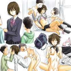  1girl 2boys age_difference aporon aporon_(artist) bag black_hair blouse blue_shirt blush bottomless bra breasts brown_hair completely_nude group_sex hair_between_eyes hand_on_another&#039;s_ass hetero holding holding_bag kiss messy_hair missionary mmf_threesome multiple_boys nipples nude onee-shota open_clothes open_shirt panties panties_around_leg restrained sex shirt short_hair shota skirt small_areolae small_breasts small_nipples socks spread_legs teenage_girl_and_younger_boy threesome underwear uniform unworn_bra unworn_panties unworn_skirt vaginal white_shirt  rating:Explicit score:261 user:huzzaman