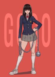  1girl absurdres ball_and_chain_(weapon) black_eyes black_hair black_jacket blunt_bangs bow character_name commentary eyelashes full_body grey_skirt highres holding holding_weapon jacket kill_bill korean_commentary long_hair long_sleeves looking_at_viewer red_bow school_uniform shirt shoes skirt sneakers socks solo standing vulcan_(ejel2000) weapon white_footwear white_shirt white_socks yuubari_gogo 